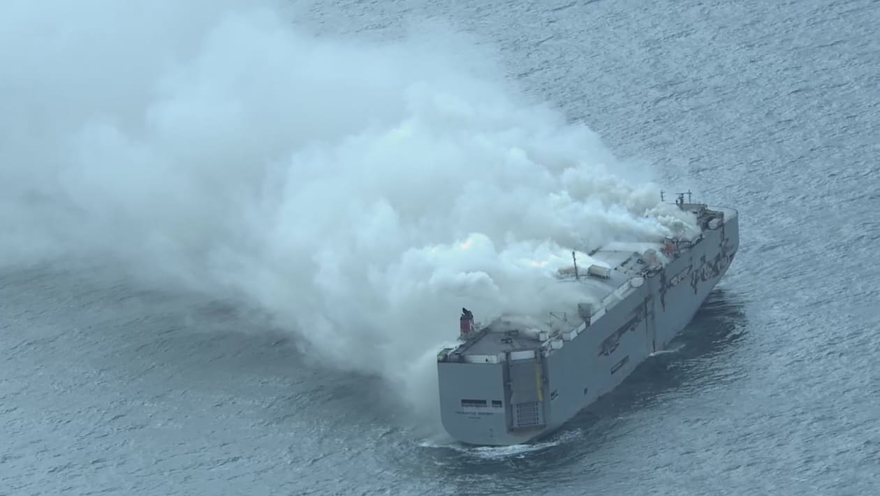 Fremantle Highway Fire ship carrying 3,000 cars burns off Dutch coast